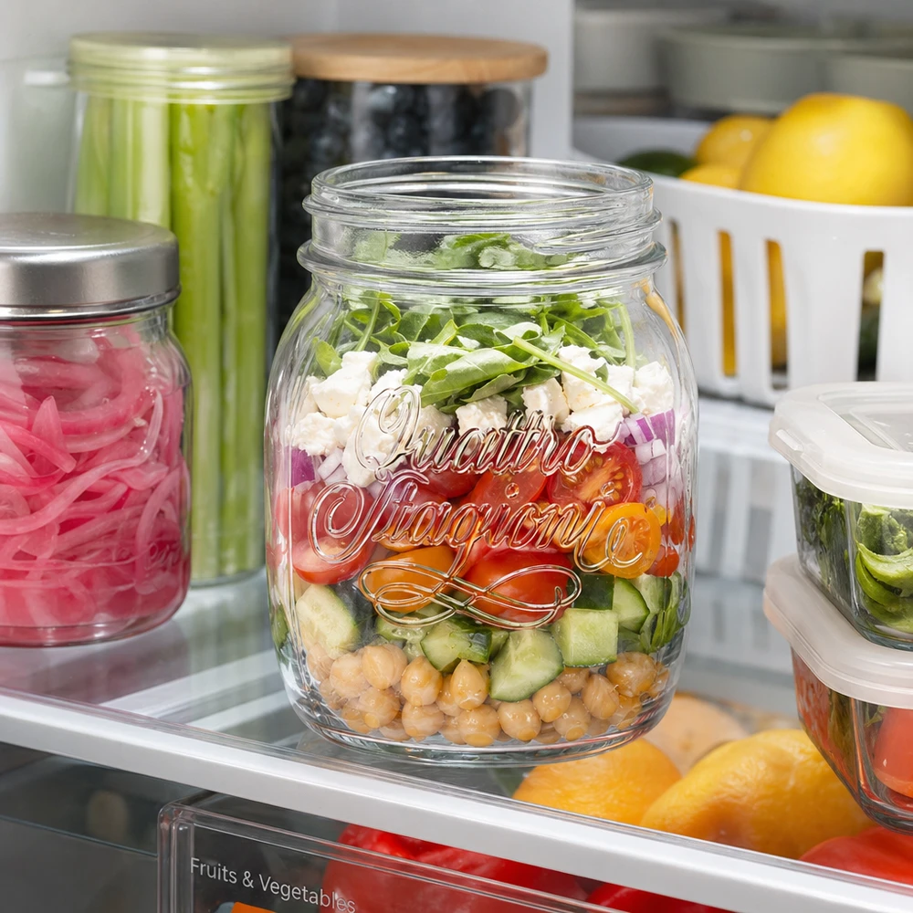 700ml huishoudglas "Quattro Stagioni" Quattro Stagioni 700ml Haushaltsglas mit Schichtsalat im Kühlschrank - praktische Glasaufbewahrung für Meal Prep und Vor