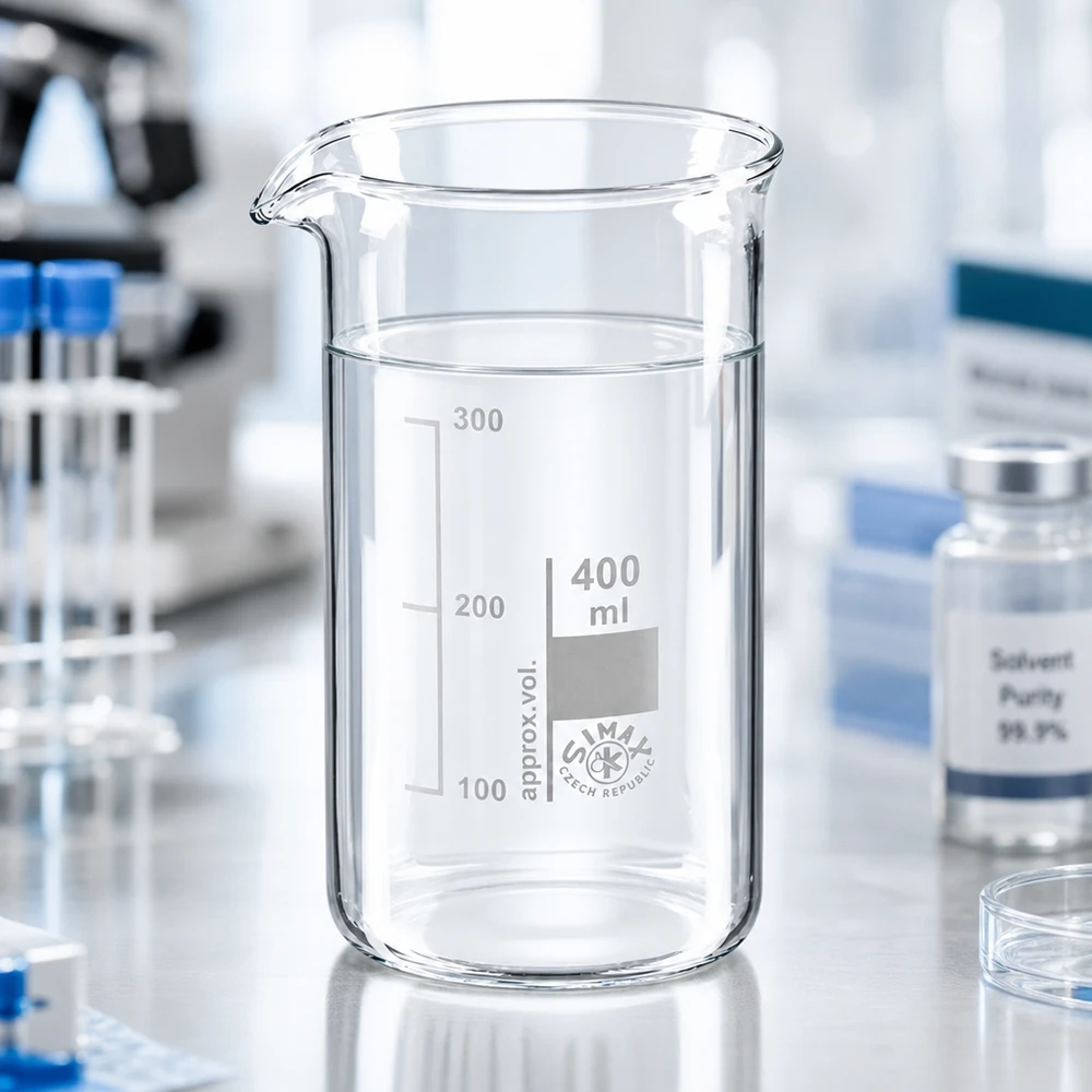 Bekerglas 400 ml van hittebestendig borosilicaatglas (hoog model) Maatbeker van 400 ml, hoog model met schenktuit en schaalverdeling voor nauwkeurig afmeten