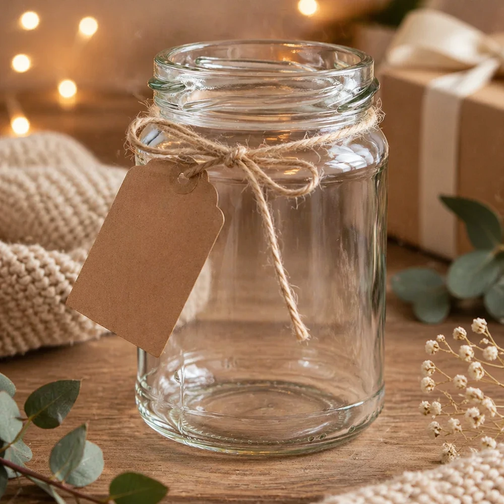 205ml rond glas zonder deksel (TO58) UNiTWIST UNiTWIST Runda205 ronde pot 205ml TO58 inmaakpot met kraftpapier label en jute koord op houten tafel