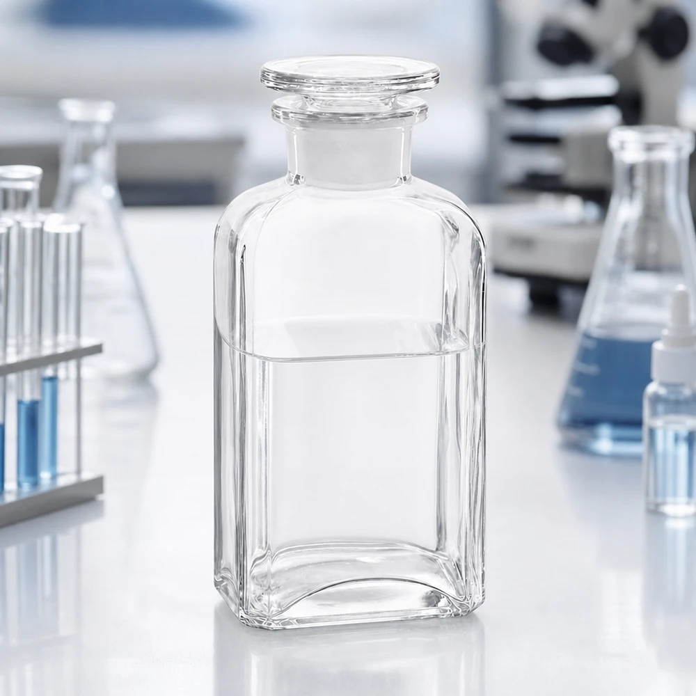 Vierkante fles 250ml heldere wijde hals glazen stop Doorzichtige laboratoriumfles van 250 ml met vier zijden en een glazen stop, naast Erlenmeyer-kolven en reageerbuisjes