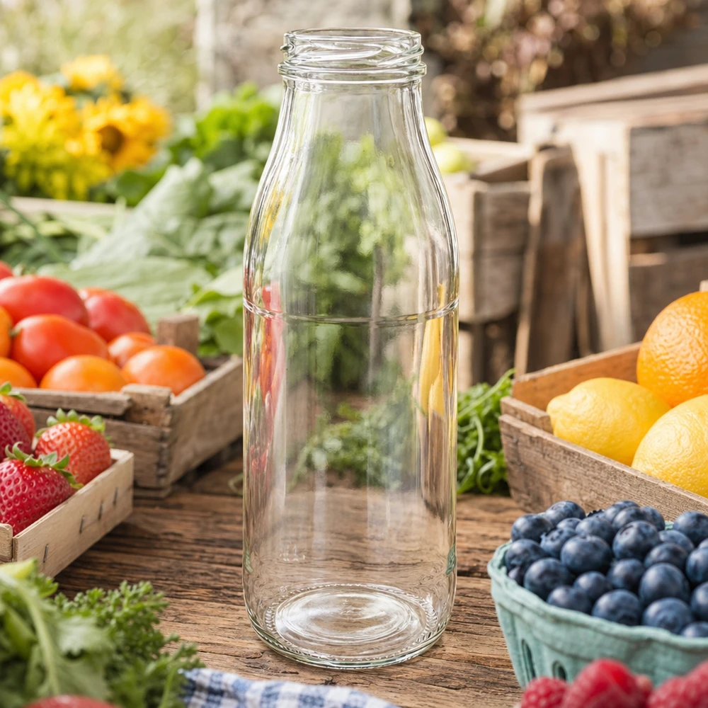 500ml fles zonder deksel (TO48) UNiTWIST 500ml glazen fles TO48 UNiTWIST leeg op een rustieke houten tafel omringd door vers fruit en groenten in houten kratten