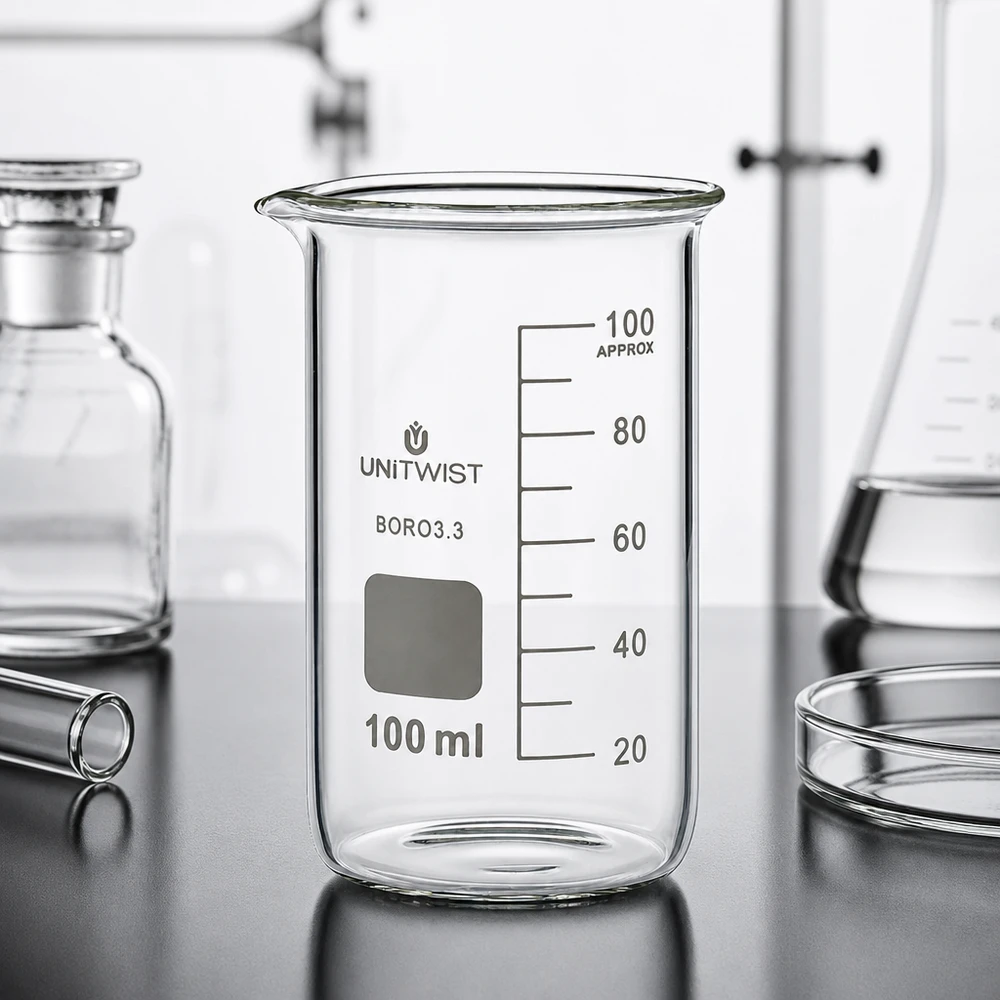 Beker 100ml borosilicaat, hoge vorm UNITWIST Chemielaboratorium bekerglas 100 ml UNITWIST, hoge vorm, hittebestendig borosilicaat 3.3, helder glas