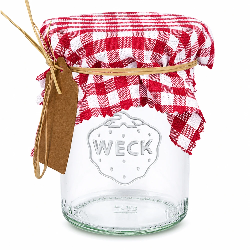 Stoffen decoratieve doily bordeaux-gekleurd 12cm vierkant op pot met rood gingham patroon en bruin label