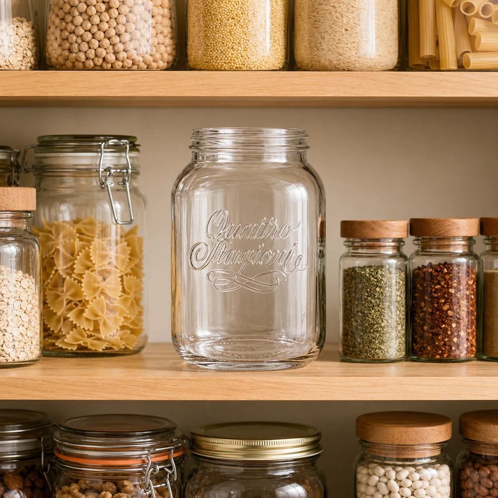 3000ml huishoudglas "Quattro Stagioni" 3000ml Quattro Stagioni huishoudelijke glazen voorraadpot in georganiseerde keuken met pasta kruiden en peulvruchten