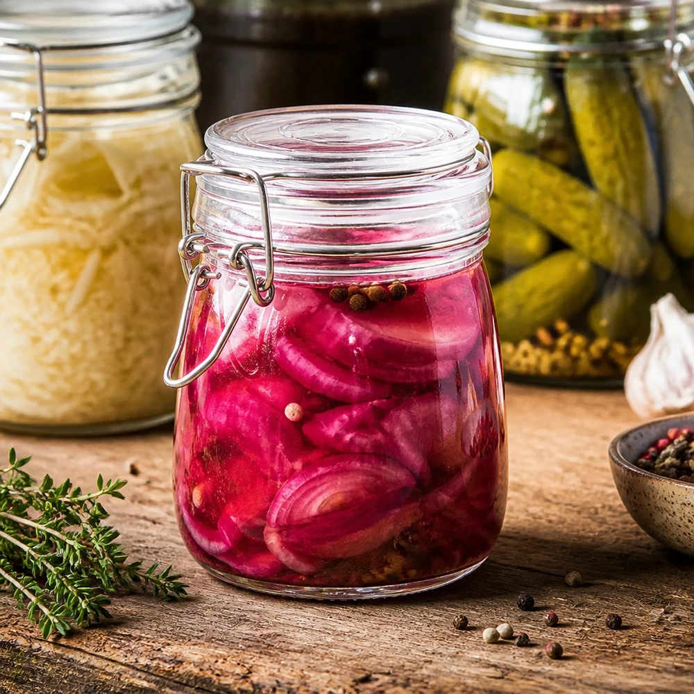 750 ml voorraadpot type S met scharnierende top UN. Veelzijdige voorraadpot van 750 ml met draaidop voor ingemaakte groenten en gefermenteerd voedsel