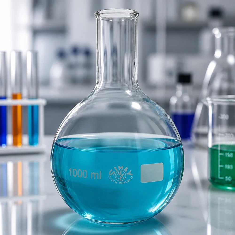 Platbodem kolf 1000ml nauwe hals borosilicaat met afgeronde rand Chemie laboratorium rondbodemkolf 1000ml met smalle hals voor veilige opslag van stoffen