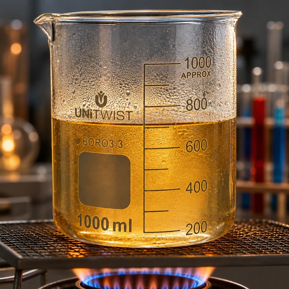 Temperatuurbestendige UNiTWIST-bekerglas 1000 ml BORO3.3 in gebruik met hete vloeistof