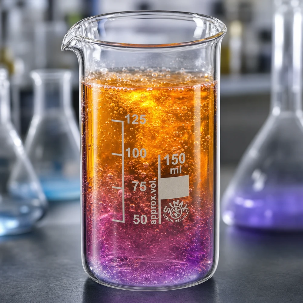 Bekerglas 150ml van hittebestendig borosilicaatglas (hoog model) Becherglas 150 ml, borosilicaatglas, hoge vorm met chemische reactie en kleurverloop