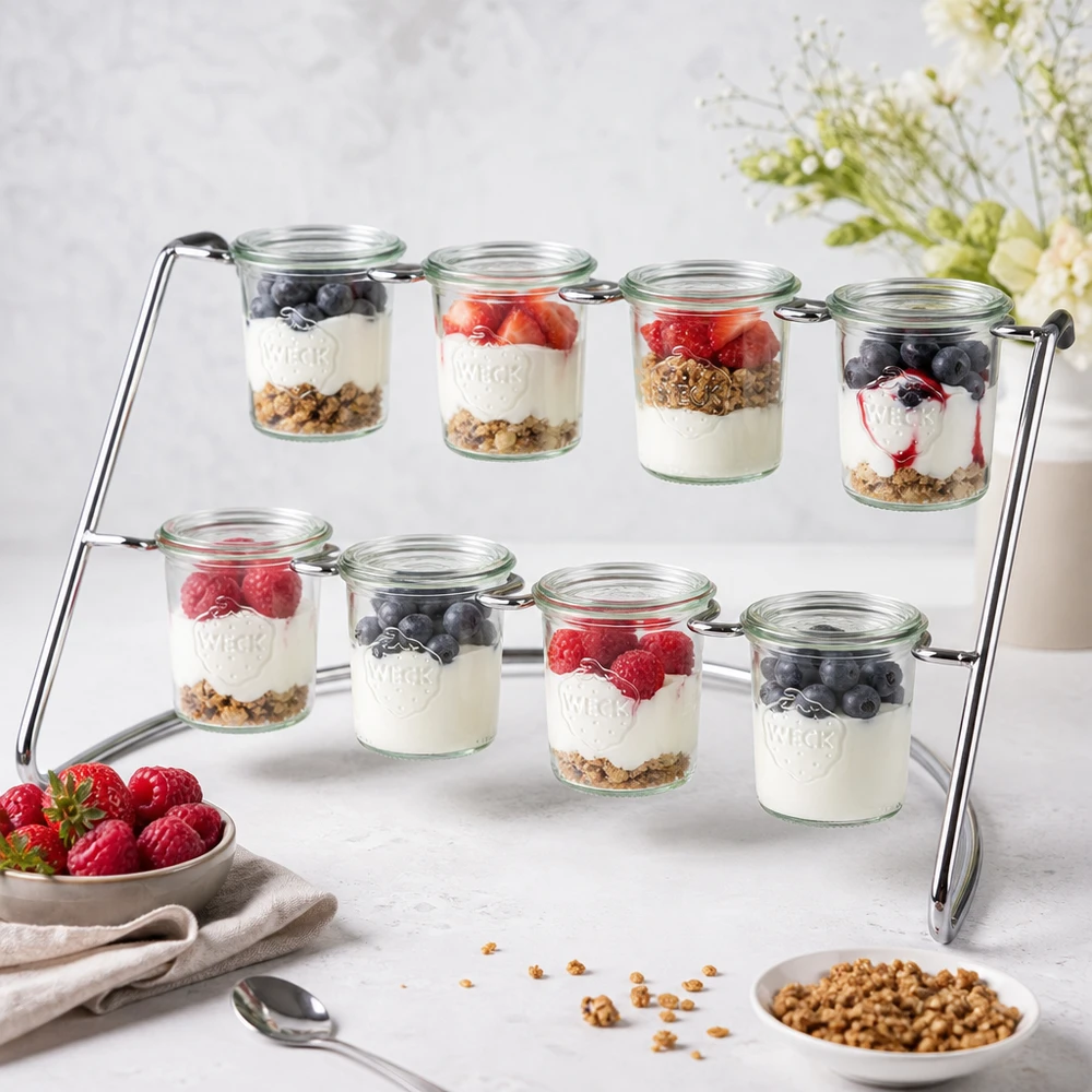 Serveerrek Flato8 voor 8 WECK-glazen Flato8 serveerrek met yoghurt parfait en bessen in WECK potten als dessertbuffet op een wit marmeren bord