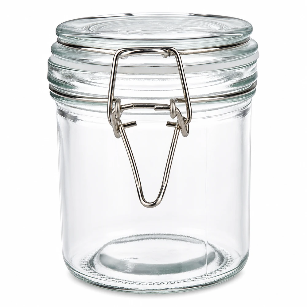 250 ml voorraadpot type S met scharnierende top UN. Ronde inmaakpot 250ml van helder glas met metalen handvat voor keuken en opslag