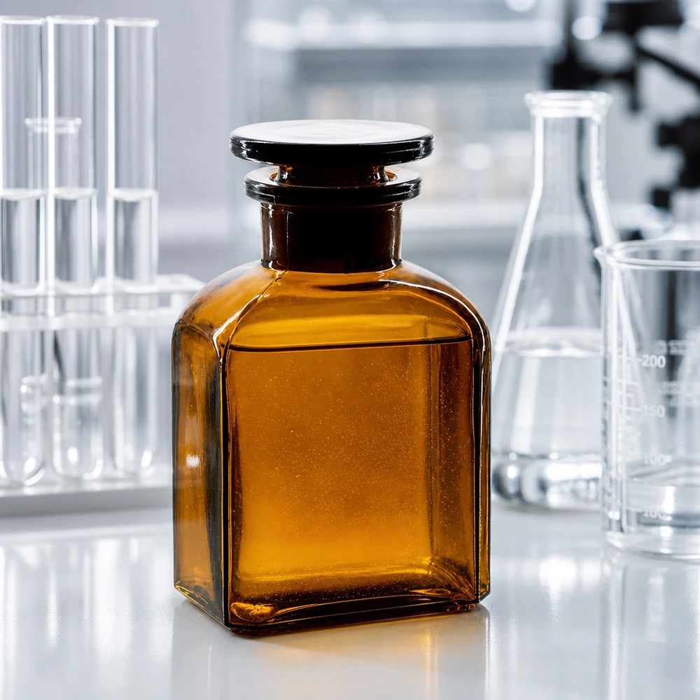 Vierkant-apothekersfles 150 ml wijde hals bruin glas incl. glazen stop Glazen fles van 150 ml, vierkant, met brede hals en stop, gemaakt van bruin borosilicaatglas