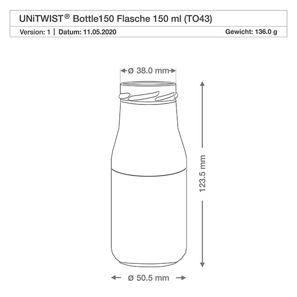 UNiTWIST Bottle150 glazen fles 150ml TO43 met afmetingen 38mm diameter 123,5mm hoogte technische tekening