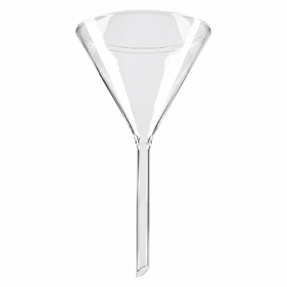 Glazen trechter Ø 80mm - kalk-soda-glas - 60° hoek Glazen trechter met een diameter van 80 mm, gemaakt van natriumcalciumglas, met een kort steel, voor laboratoriumgebruik