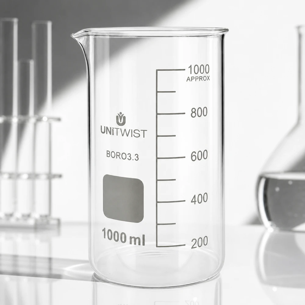Beker 1000ml borosilicaat, hoge vorm UNITWIST Laboratoriumglaswerk UNITWIST: bekerglas van 1000 ml, hoog model, borosilicaatglas, met ander glaswerk op de achtergrond