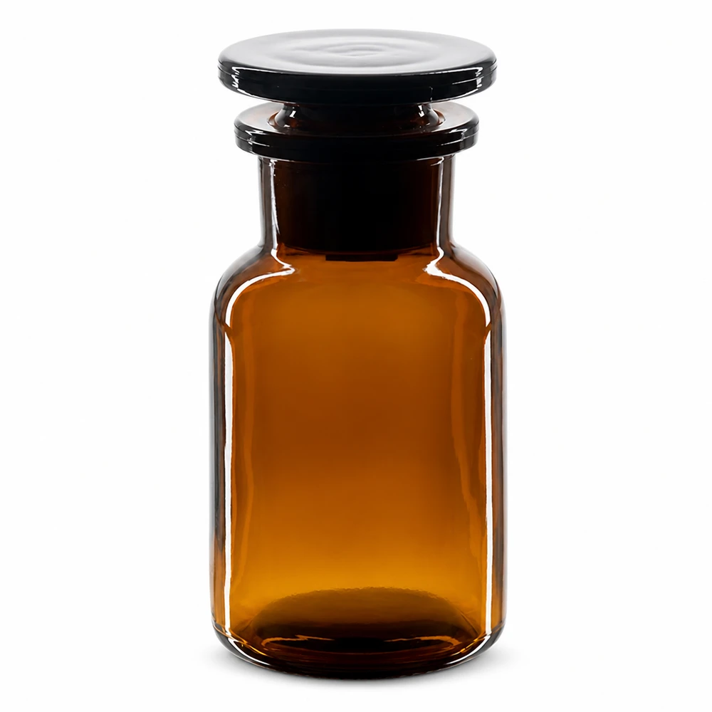 Apothekersfles 100 ml wijde hals bruin glas incl. glazen stop Glazen fles, bruin, 100 ml, brede hals, ronde schouders, met bijpassende glazen stop