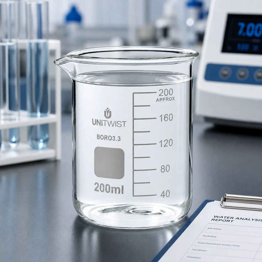 UNiTWIST 200 ml bekerglas, laag model, borosilicaat, met watermonster voor pH-meting
