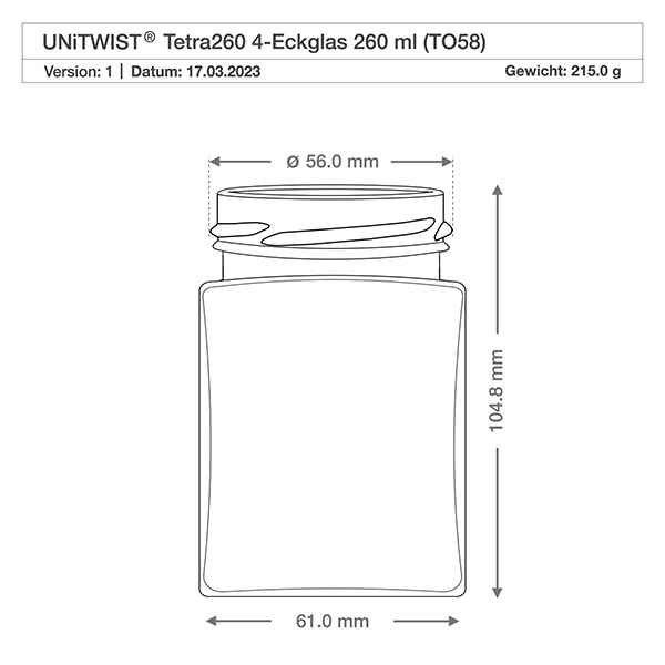 260ml tetraglas zonder deksel (TO58) UNiTWIST UNiTWIST Tetra260 4-hoek glas 260ml TO58 technische tekening met afmetingen 56mm diameter 104,8mm hoogte gewicht 215g