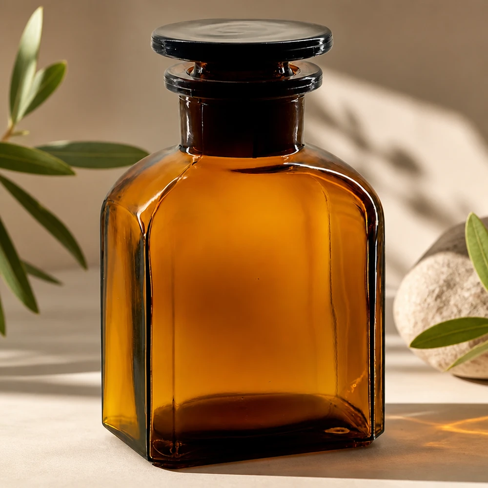 Vierkant-apothekersfles 150 ml wijde hals bruin glas incl. glazen stop Klassieke laboratoriumfles van 150 ml in bruin glas met vierkante vorm en een platte glazen stop