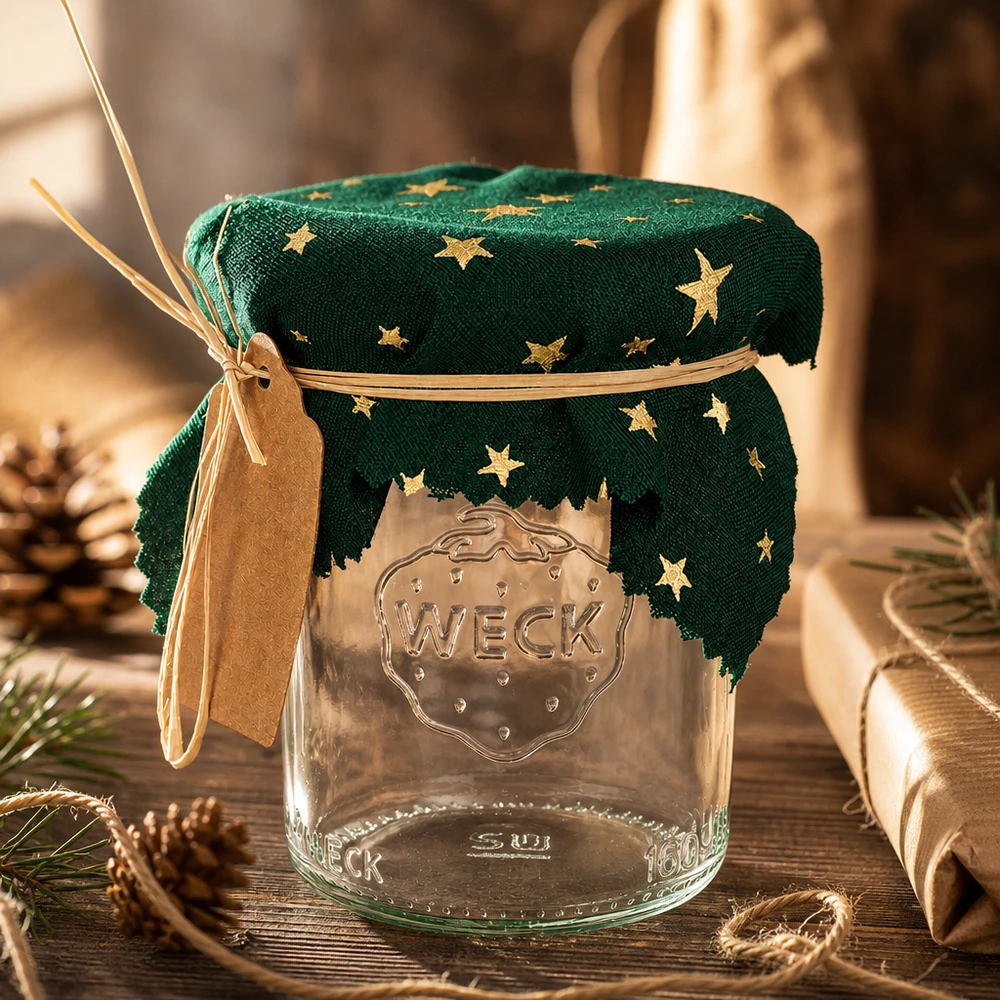 Kerstdecoratie met groene ster 12cm vierkant op Weck pot tussen dennenappels en cadeautjes