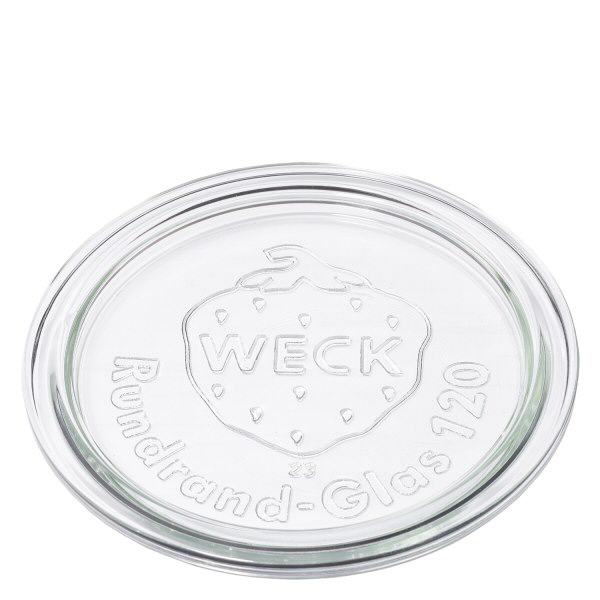 WECK glazen deksel RR120 van transparant glas met reliëf WECK logo en ronde rand glas 120 opschrift