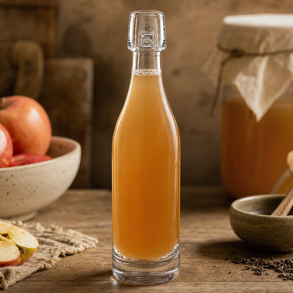 50 ml glazen fles zonder UNiTWIST mechanische sluiting 50ml glazen fles UNiTWIST gevuld met appellikeur tussen appelschijfjes en kruiden op natuurlijk hout