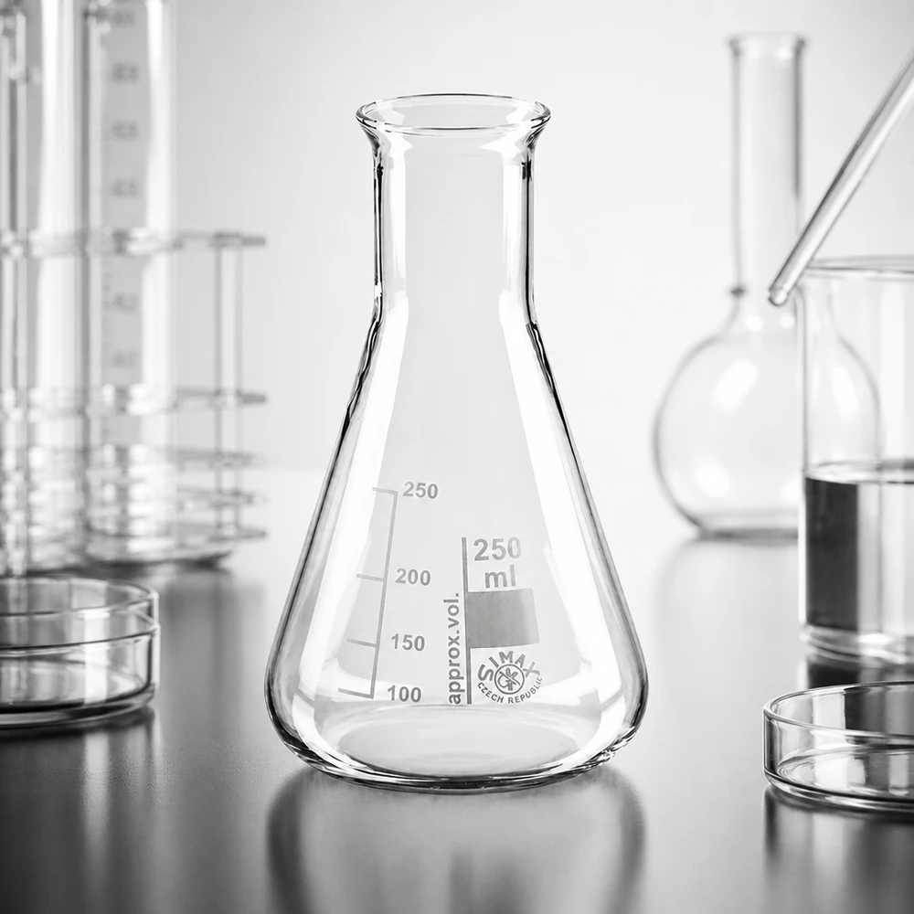 Erlenmeyer 250ml nauwe hals borosilicaat met afgeronde rand Erlenmeyer van 250 ml met smalle hals, perfect voor titratie en analyse