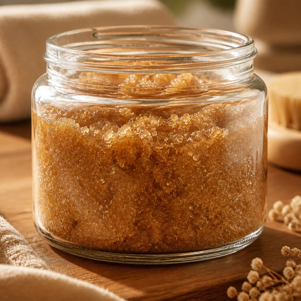 Glazen pot 250ml helder glas, zonder sluiting Zalfpot 250ml helder gevuld met goudbruine scrub op houten basis natuurlijke cosmetica toepassing