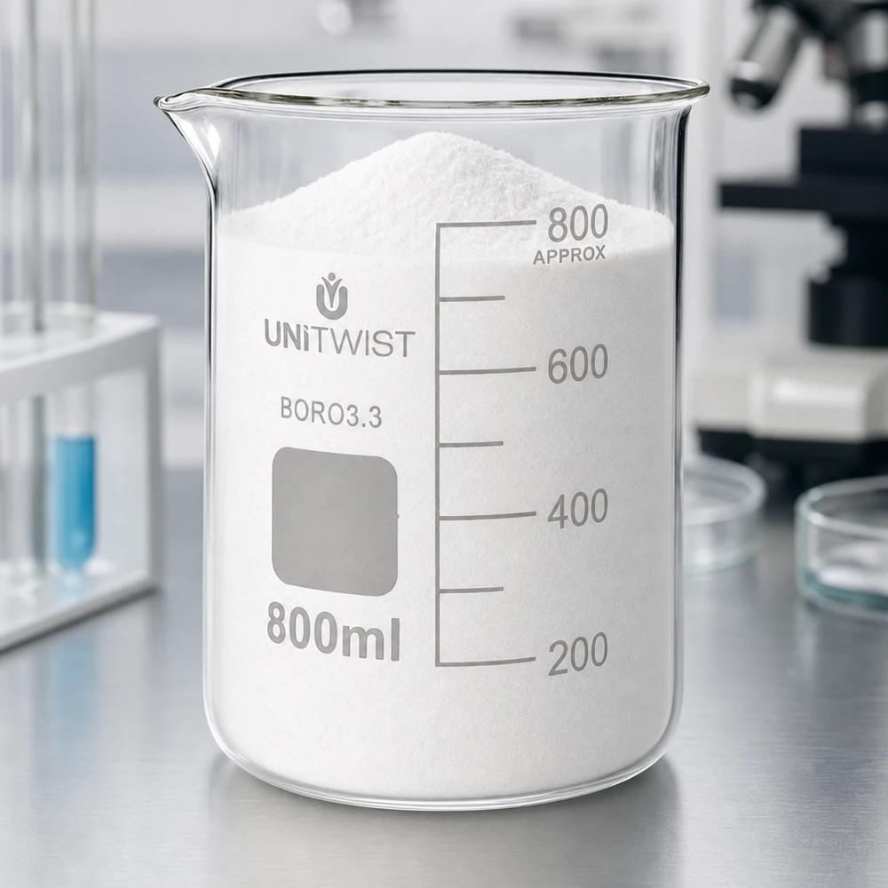UNiTWIST bekerglas, laag model, 800 ml, borosilicaat 3.3, met microscoop op de achtergrond