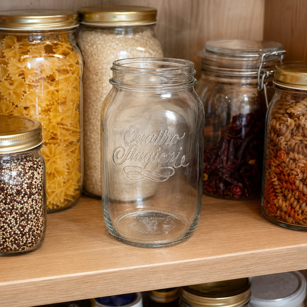 1000ml huishoudglas "Quattro Stagioni" 1000ml Quattro Stagioni huishoudpot leeg voor voorraadpotten gevuld met pasta en ontbijtgranen in het keukenkastje