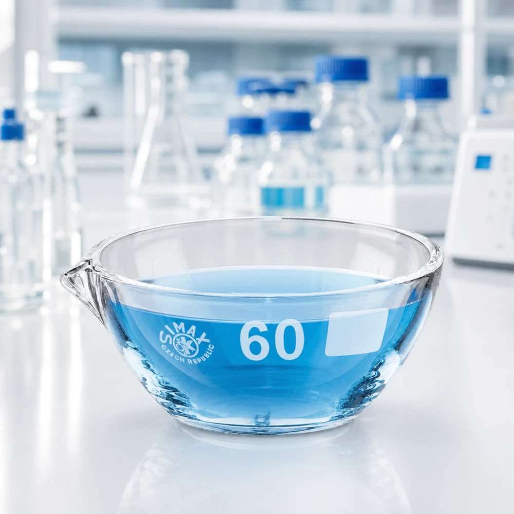 Indampschaal 45ml van borosilicaatglas met schenktuit Veelzijdig verdampingsschaaltje van borosilicaat van 45 ml met ø60 mm schenktuit voor verdamping en kristallisatie