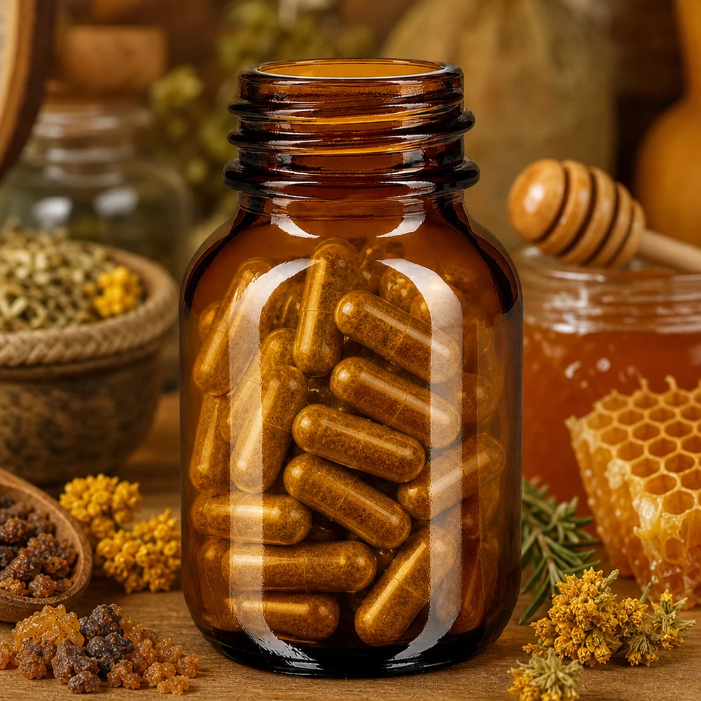 Fles met wijde hals 50 ml bruin glas met DIN 32 opening zonder sluiting Compacte 50 ml fles met wijde hals van robuust amberkleurig glas voor het veilig bewaren van voedingssupplementen