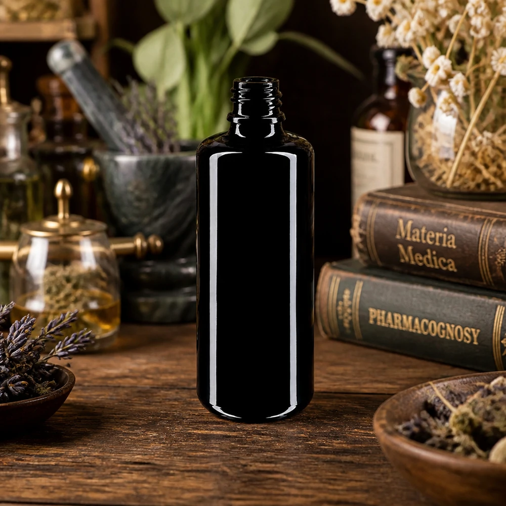 Violetglas fles 100ml DIN 18 (Mironglas) Premium violet glazen druppelfles Orion 100ml met mat oppervlak voor professioneel gebruik