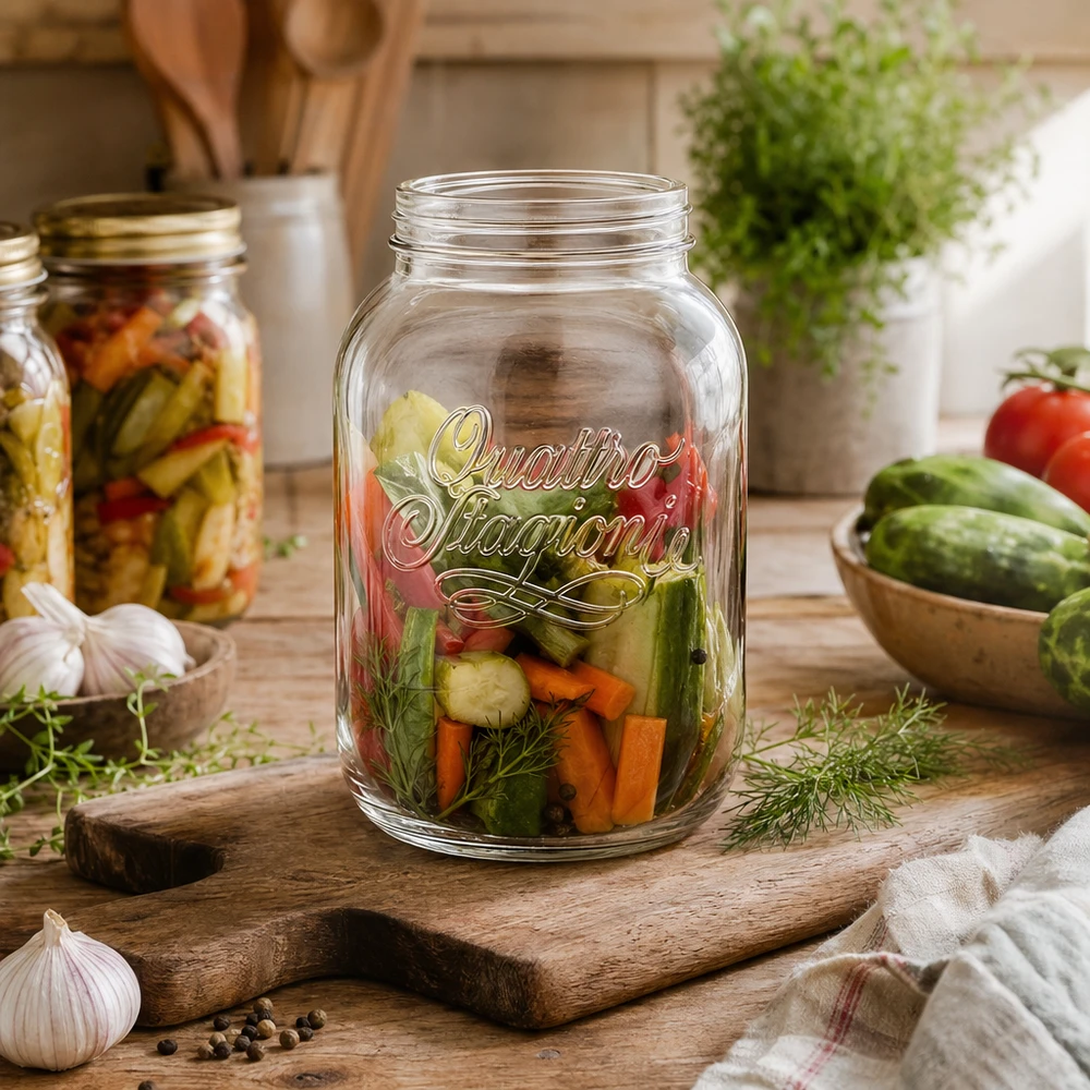 3000ml huishoudglas "Quattro Stagioni" Quattro Stagioni inmaakpot 3000ml met ingemaakte groenten op een houten plank in een rustieke keuken