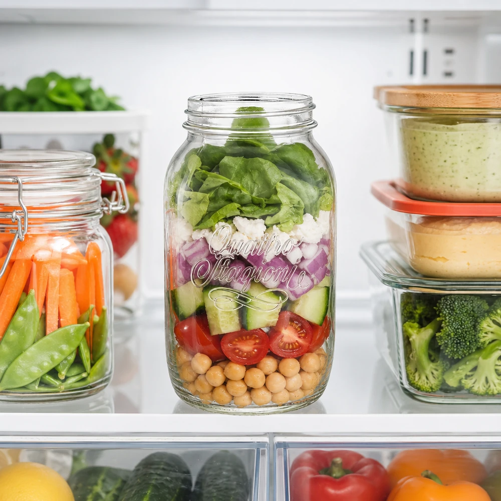 1500ml huishoudglas "Quattro Stagioni" 1500 ml Quattro Stagioni huishoudpot gevuld met gelaagde salade in de koelkast naast andere voorraadpotten met groenten
