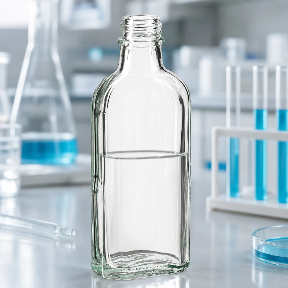 100 ml witte meplatfles met DIN 22 monding Vlakke Meplat-fles van 100 ml van helder glas, DIN 22, voor gebruik in een professionele laboratoriumomgeving