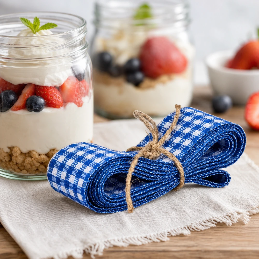 Blauw en wit geruit stoffen lint van 300 cm decoratief vastgebonden naast dessertglazen met yoghurt en bessen