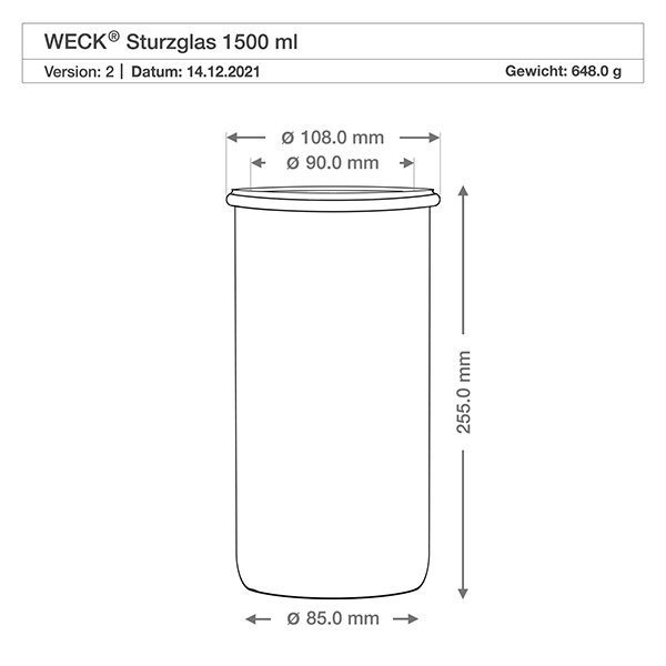 Technische tekening WECK beker 1500ml RR100 met afmetingen, diameter 108mm, hoogte 255mm, gewicht 648g