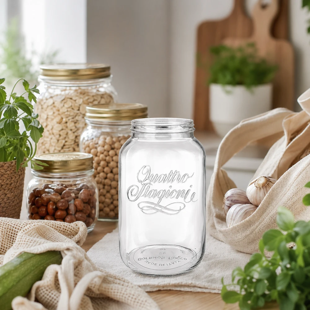 3800ml huishoudglas "Quattro Stagioni" Quattro Stagioni huishoudpot 3800ml voor het bewaren van voedsel in een rustieke keuken met voorraadpotten