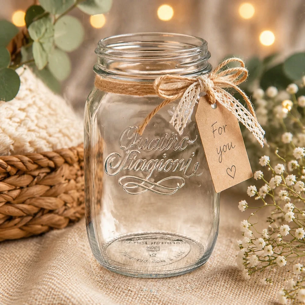 1000ml huishoudglas "Quattro Stagioni" 1000ml Quattro Stagioni huishoudglas met rustieke decoratie en For You hanger op een natuurlijke achtergrond
