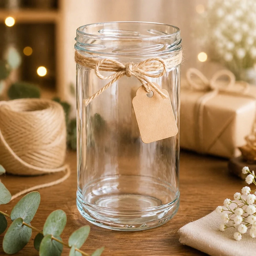 1053ml beker zonder deksel (TO100) UNiTWIST UNiTWIST bekers 1053ml met rustieke decoratie jute koord en geschenklabel gerangschikt op een houten tafel
