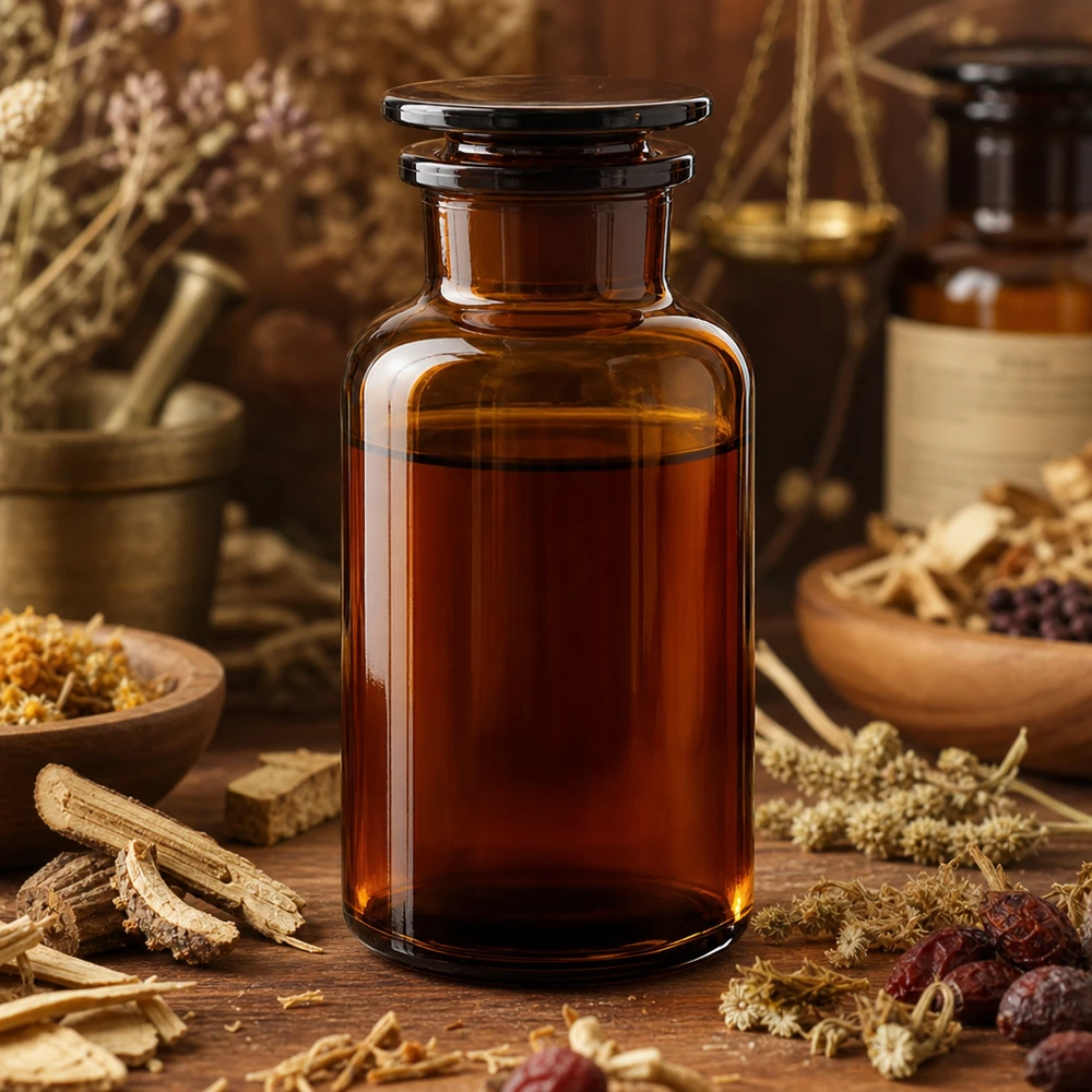 Apothekersfles 500 ml wijde hals bruin glas incl. glazen stop Hermetisch afsluitbare ronde schouderfles van 500 ml, bruin, met glazen stop voor oliën
