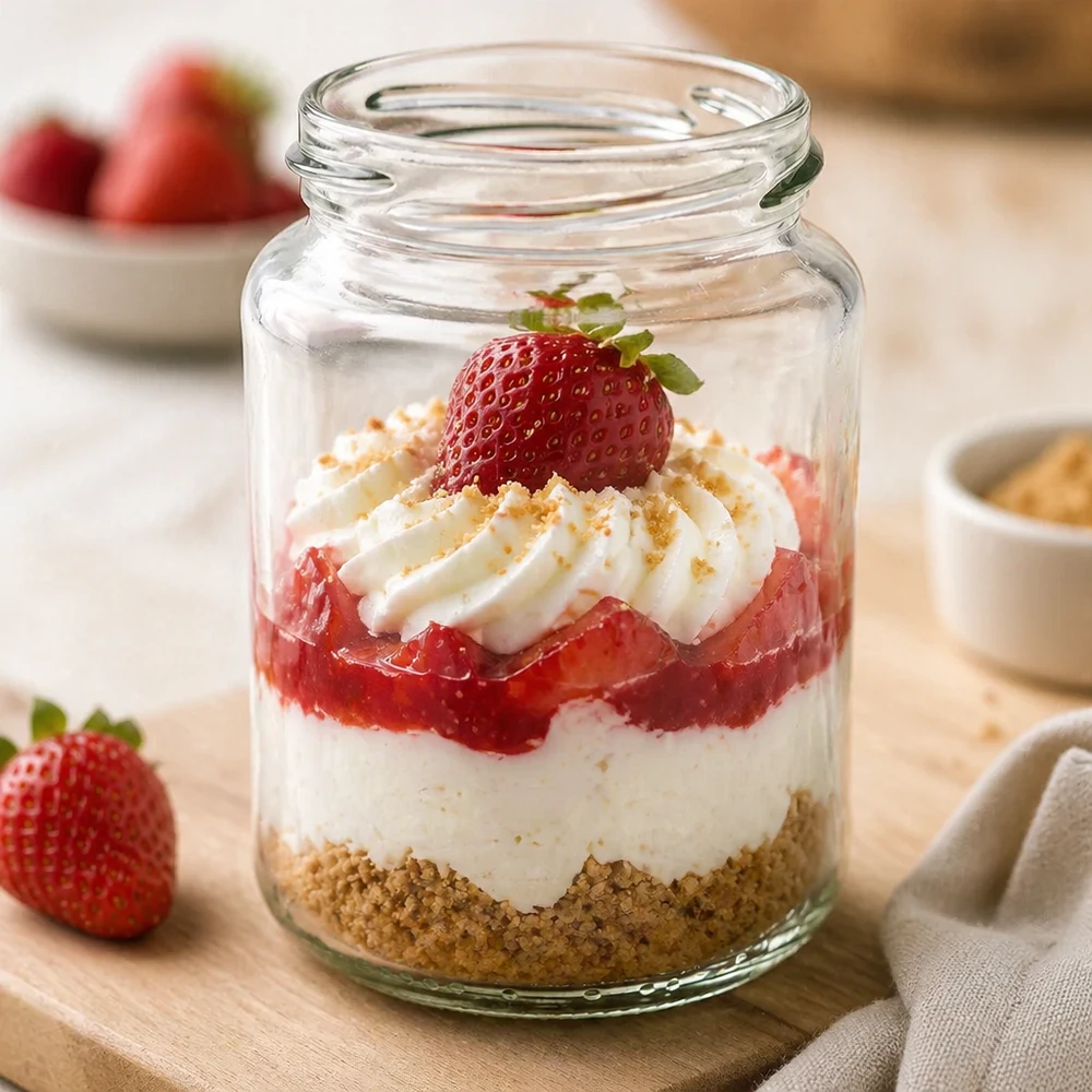 UNiTWIST Runda382 rond glas 382ml TO66 met aardbeiendessert Laagjesdessert in een glas gevuld met room en fruit
