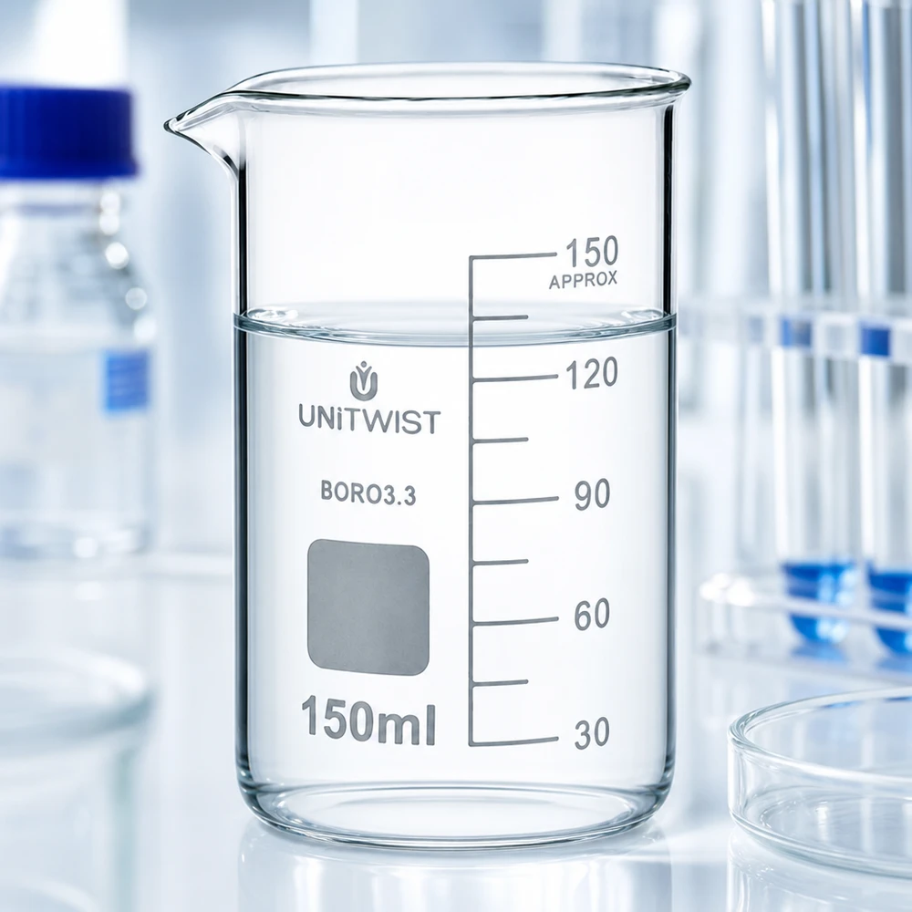 Beker 150ml borosilicaat, hoge vorm UNITWIST Chemieglas UNITWIST 150 ml, hoog model, borosilicaatglas 3.3, met grijs opschriftveld en schaalverdeling