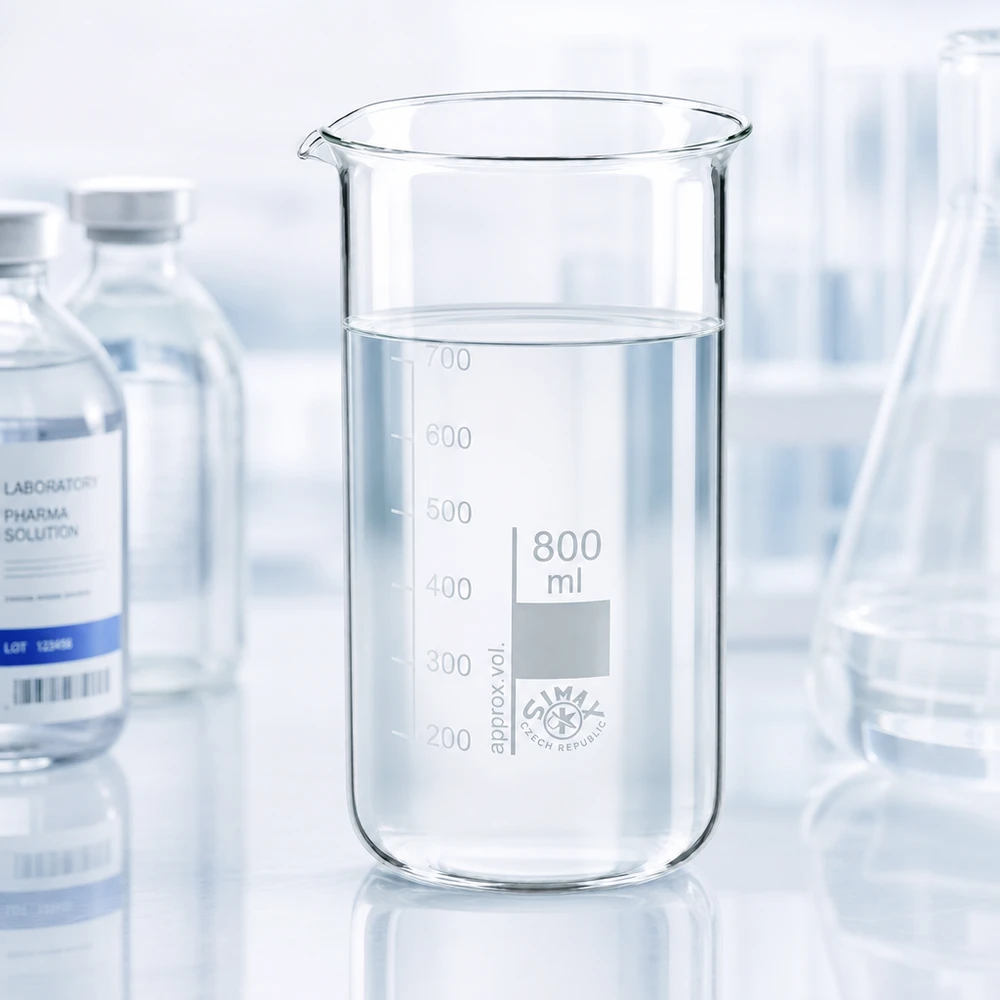 Bekerglas 800 ml van hittebestendig borosilicaatglas (hoog model) Becherglas van 800 ml, hoog model, van hittebestendig borosilicaatglas met een heldere waterige oplossing in een laboratoriumomgeving