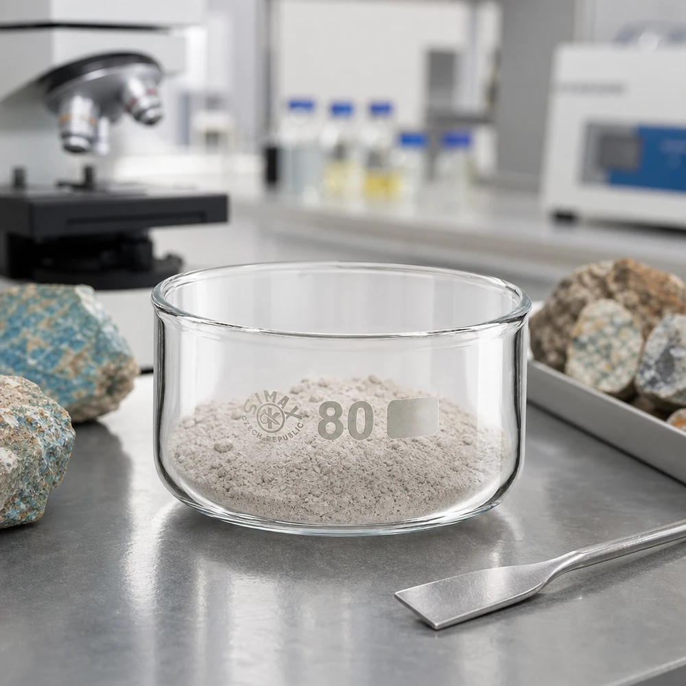 Kristalliseerschaal 150ml zonder schenktuit Laboratoriumschaal gevuld met fijn steenpoeder, omringd door mineraalmonsters en een spatel met een diameter van 80 mm