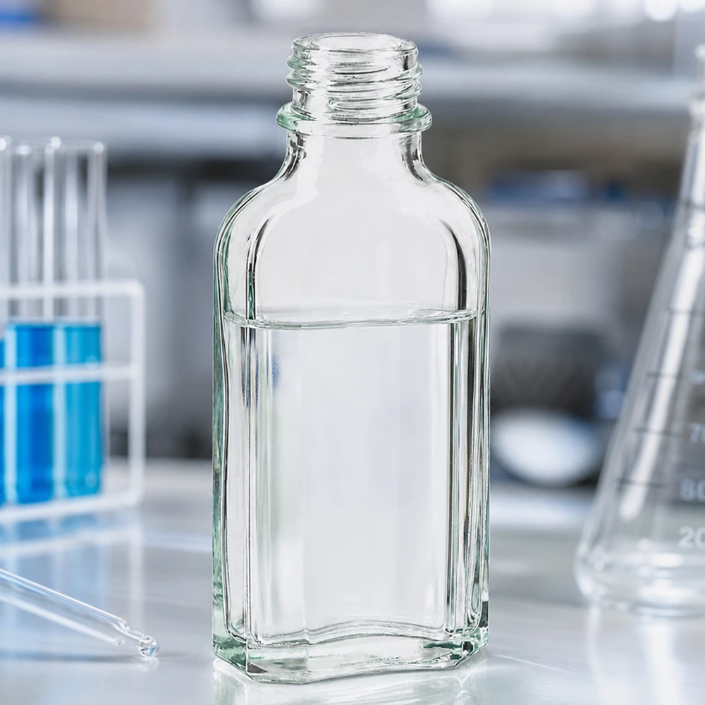 50 ml witte meplatfles met DIN 22 monding Farmaceutische Meplat-fles van 50 ml, transparant, met DIN22-schroefdraad voor laboratoriumtoepassingen