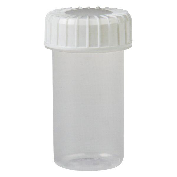 Kunststof pot 20ml transparant met geribbeld wit schroefdeksel van PE, type sluiting standaard