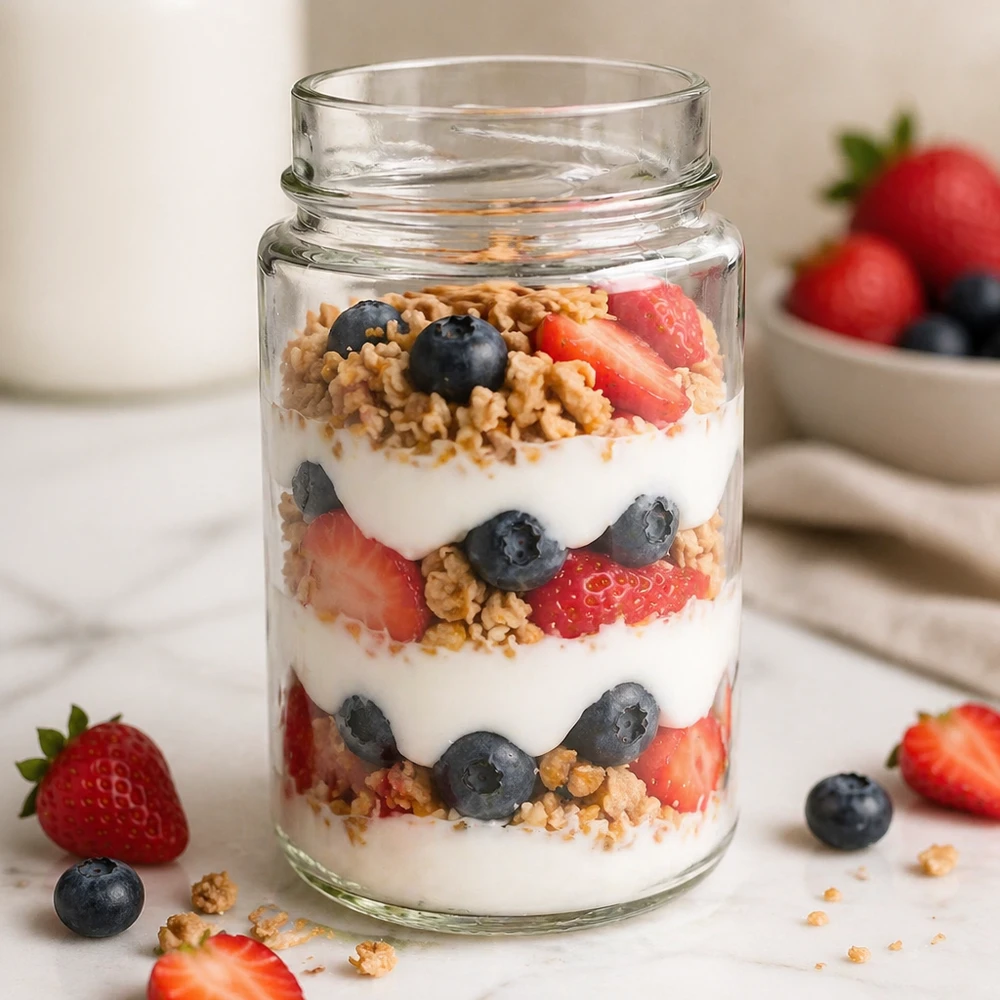 UNiTWIST Runda245 ronde pot 245ml met yoghurt muesli aardbeien bosbessen gelaagd TO58deep deksel glazen voorraadpot