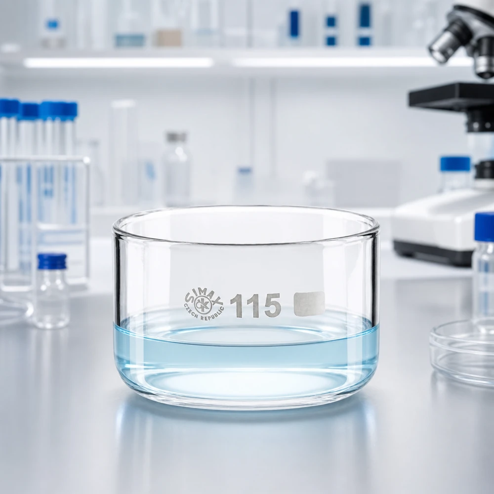 Lage ronde schaal van borosilicaatglas, 115 mm, zonder tuit, naast reageerbuisjes in het laboratorium