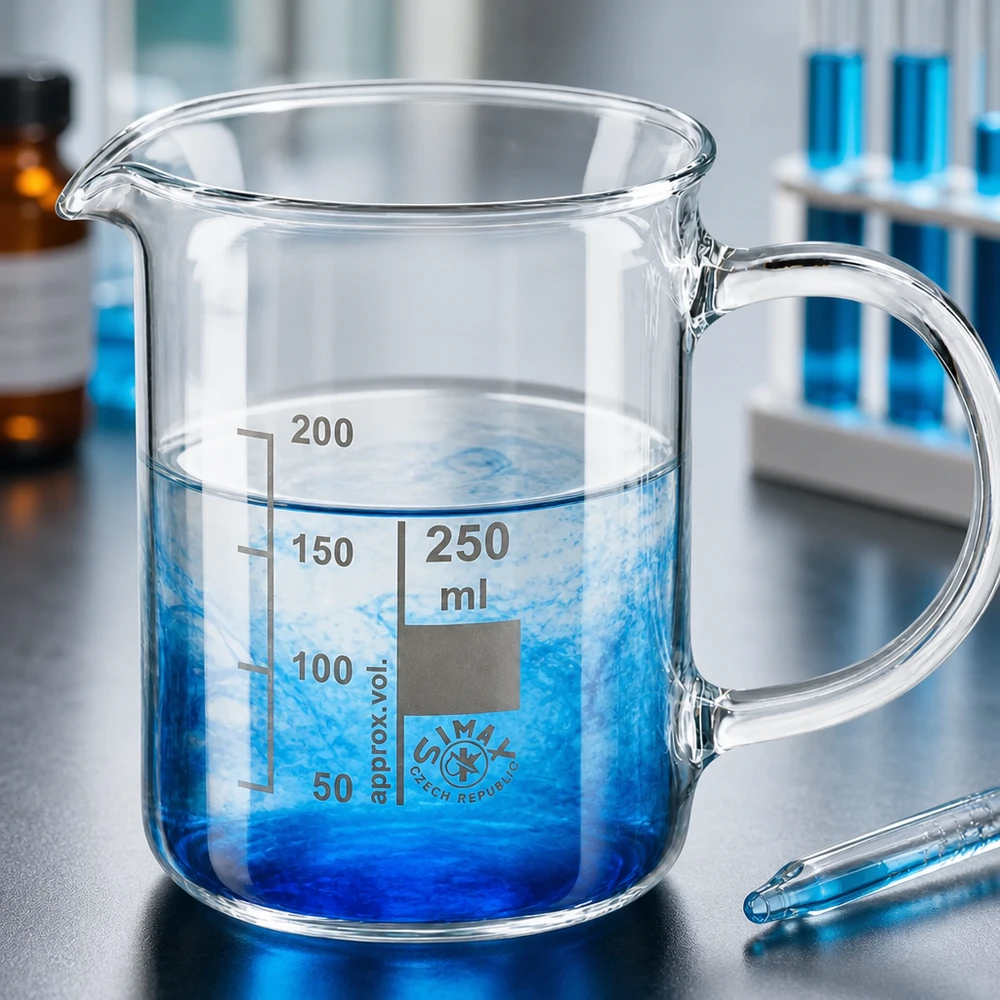 Bekerglas 250 ml van hittebestendig borosilicaatglas met handvat Simax-beker van glas, 250 ml, met handvat, vertoont blauwe kleurverspreiding in helder water